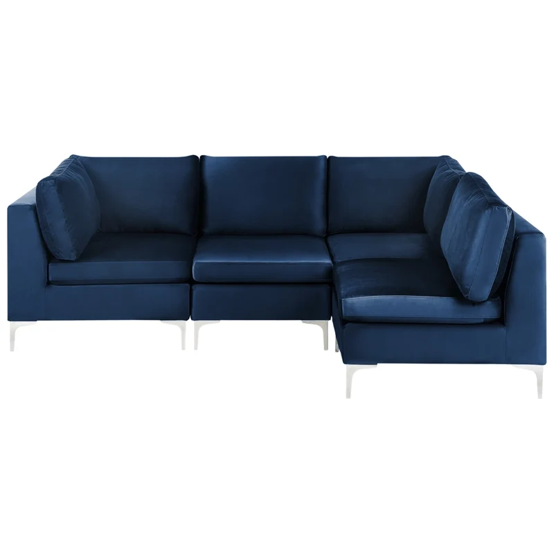 Divano ad angolo componibile versione sinistra a 4 posti in velluto blu marino con gambe in metallo argento stile glamour