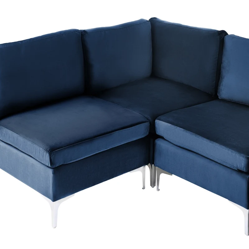 Divano ad angolo componibile versione sinistra a 4 posti in velluto blu marino con gambe in metallo argento stile glamour