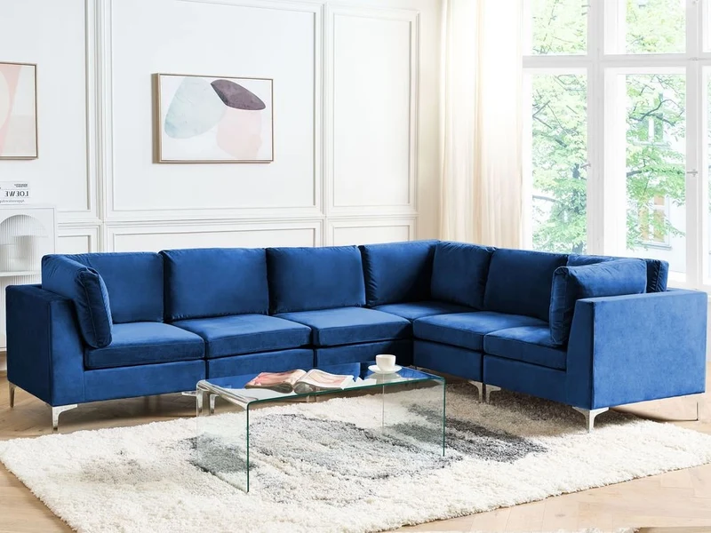 Divano componibile ad angolo versione sinistra in velluto blu marino 6 posti a forma di L con gambe in metallo argento stile glamour