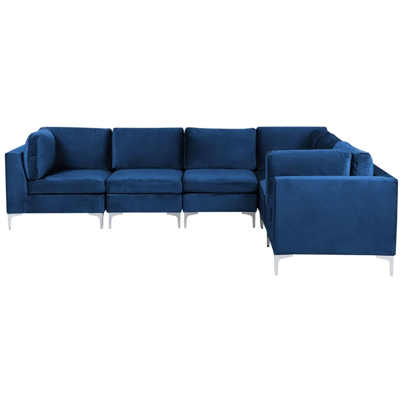 Divano componibile ad angolo versione sinistra in velluto blu marino 6 posti a forma di L con gambe in metallo argento stile glamour