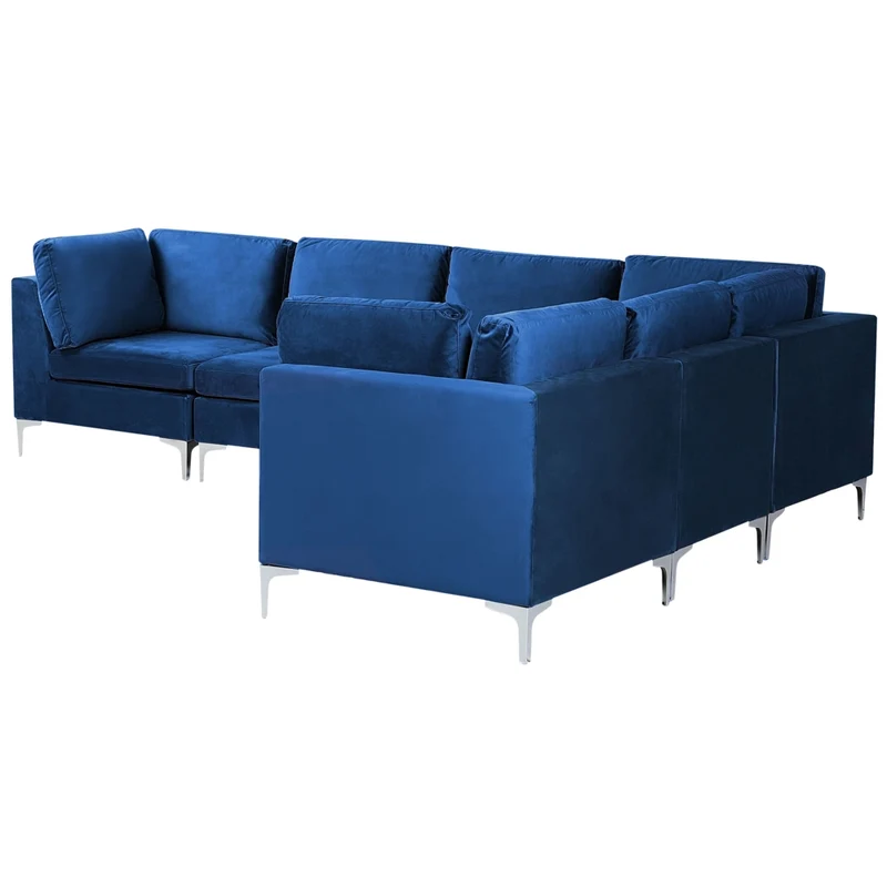 Divano componibile ad angolo versione sinistra in velluto blu marino 6 posti a forma di L con gambe in metallo argento stile glamour