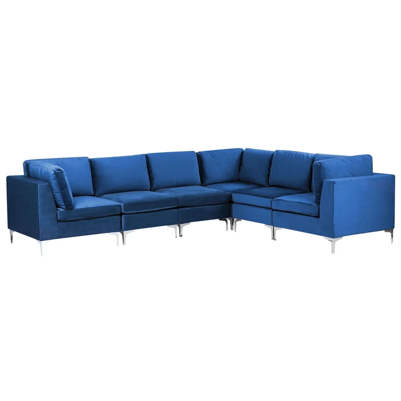 Divano componibile ad angolo versione sinistra in velluto blu marino 6 posti a forma di L con gambe in metallo argento stile glamour