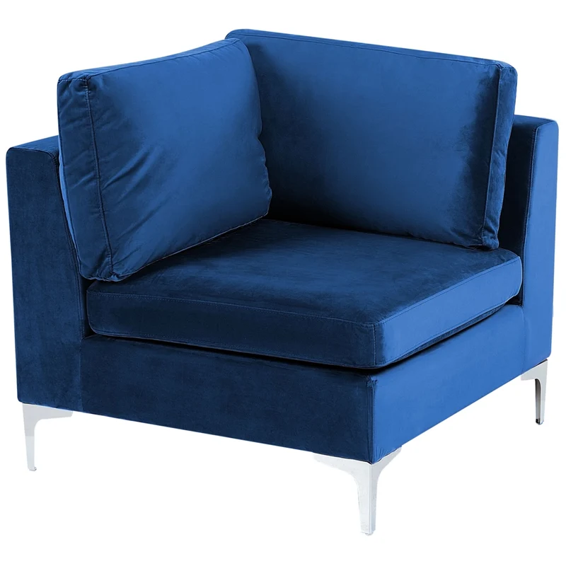 Divano componibile ad angolo versione sinistra in velluto blu marino 6 posti a forma di L con gambe in metallo argento stile glamour