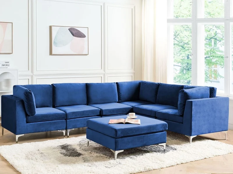 Divano ad angolo componibile versione sinistra a 6 posti in velluto blu marino con gambe in metallo argentato a forma di L ottomana Stile glamour