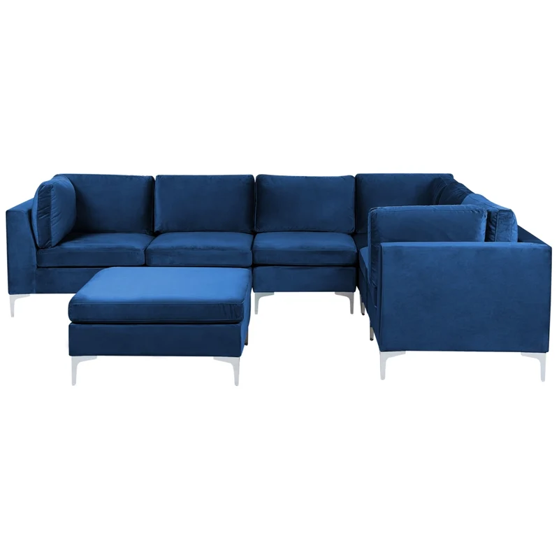 Divano ad angolo componibile versione sinistra a 6 posti in velluto blu marino con gambe in metallo argentato a forma di L ottomana Stile glamour