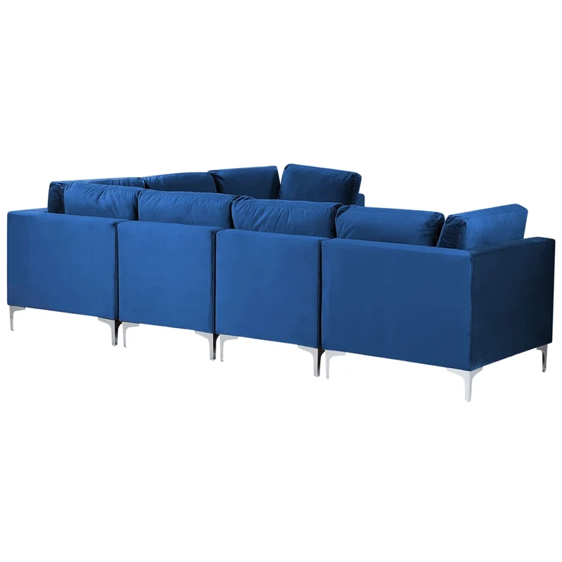 Divano ad angolo componibile versione sinistra a 6 posti in velluto blu marino con gambe in metallo argentato a forma di L ottomana Stile glamour