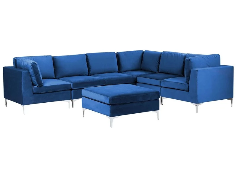Divano ad angolo componibile versione sinistra a 6 posti in velluto blu marino con gambe in metallo argentato a forma di L ottomana Stile glamour
