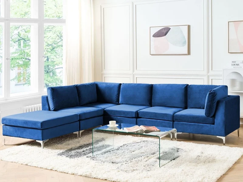 Divano ad angolo componibile versione destra a 5 posti in velluto blu marino con gambe in metallo argentato a forma di L ottomana Stile glamour