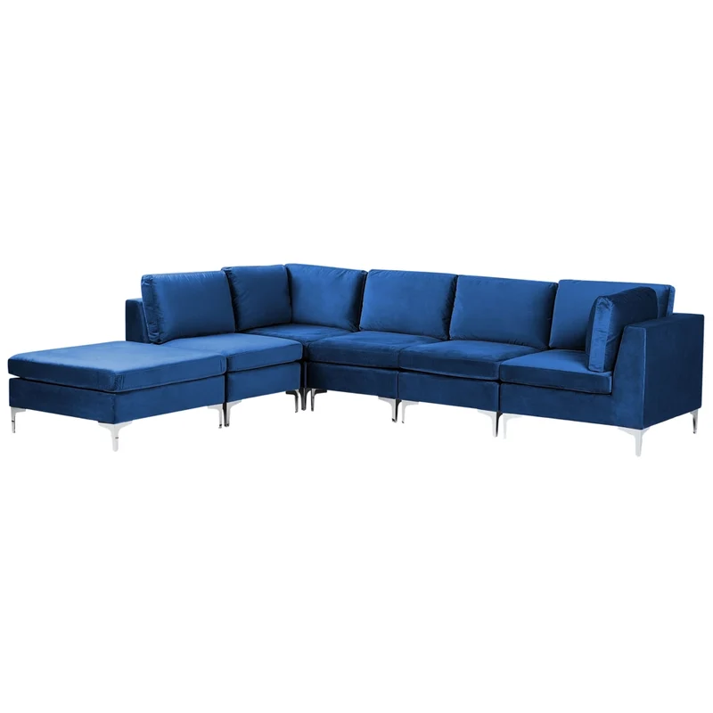 Divano ad angolo componibile versione destra a 5 posti in velluto blu marino con gambe in metallo argentato a forma di L ottomana Stile glamour