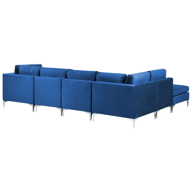 Divano ad angolo componibile versione destra a 5 posti in velluto blu marino con gambe in metallo argentato a forma di L ottomana Stile glamour