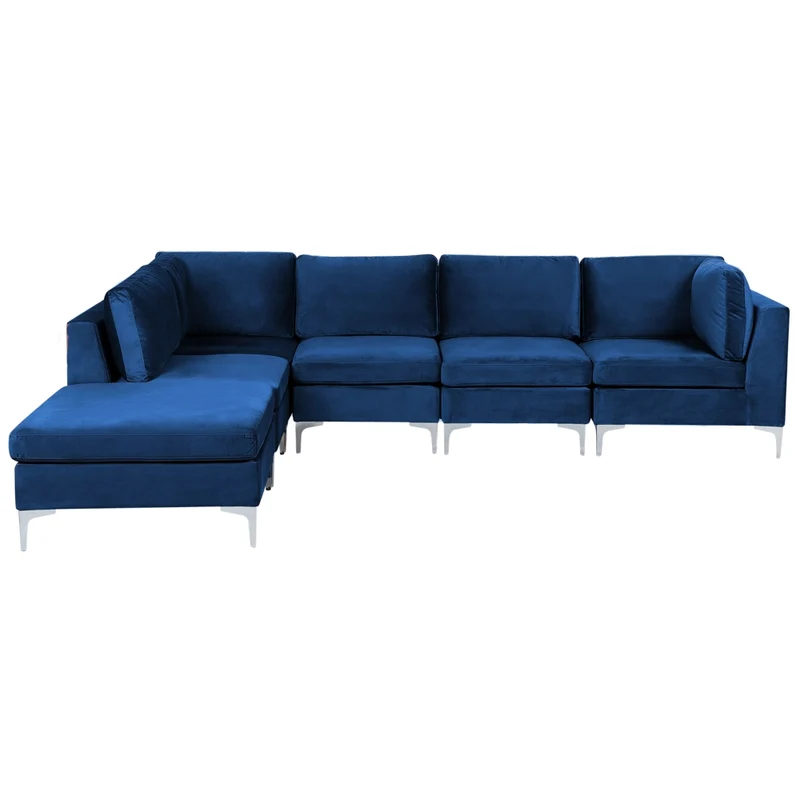 Divano ad angolo componibile versione destra a 5 posti in velluto blu marino con gambe in metallo argentato a forma di L ottomana Stile glamour