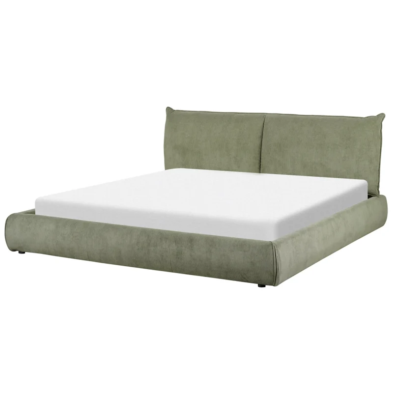 Letto matrimoniale imbottito in velluto a coste verde 180 x 200 cm con rete a doghe e spessa testata imbottita