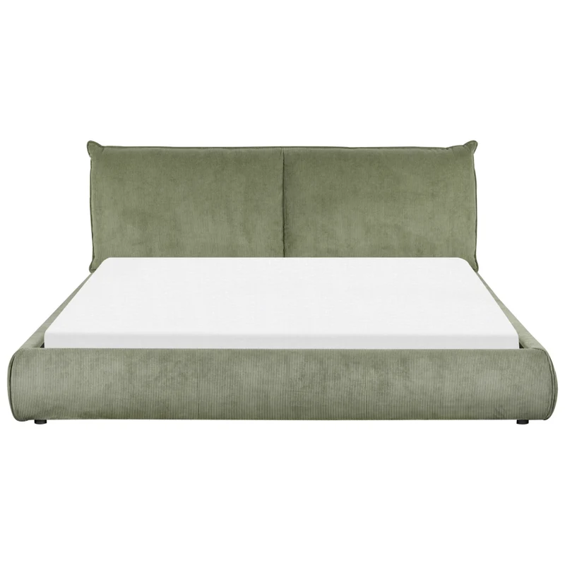 Letto matrimoniale imbottito in velluto a coste verde 180 x 200 cm con rete a doghe e spessa testata imbottita