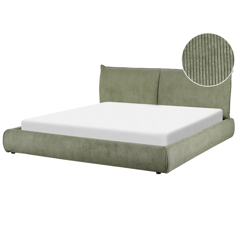 Letto matrimoniale imbottito in velluto a coste verde 180 x 200 cm con rete a doghe e spessa testata imbottita