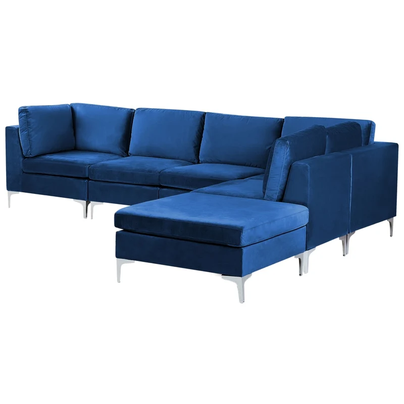 Divano ad angolo componibile versione sinistra a 5 posti in velluto blu marino con gambe in metallo argentato a forma di L ottomana Stile glamour