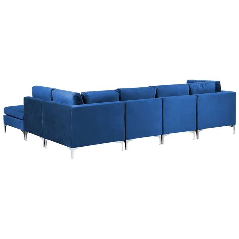 Divano ad angolo componibile versione sinistra a 5 posti in velluto blu marino con gambe in metallo argentato a forma di L ottomana Stile glamour