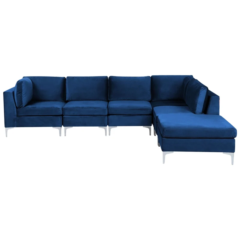 Divano ad angolo componibile versione sinistra a 5 posti in velluto blu marino con gambe in metallo argentato a forma di L ottomana Stile glamour