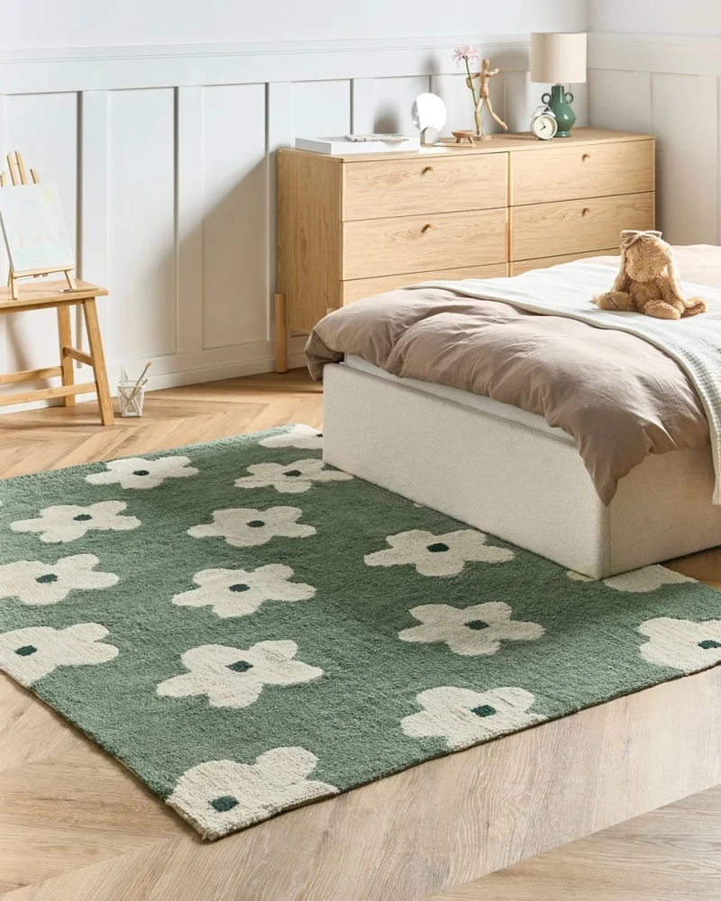 Tappeto verde in cotone 160 x 230 cm con motivi floreali decorativi in stile bohémien Soggiorno Bambini Camera dei bambini