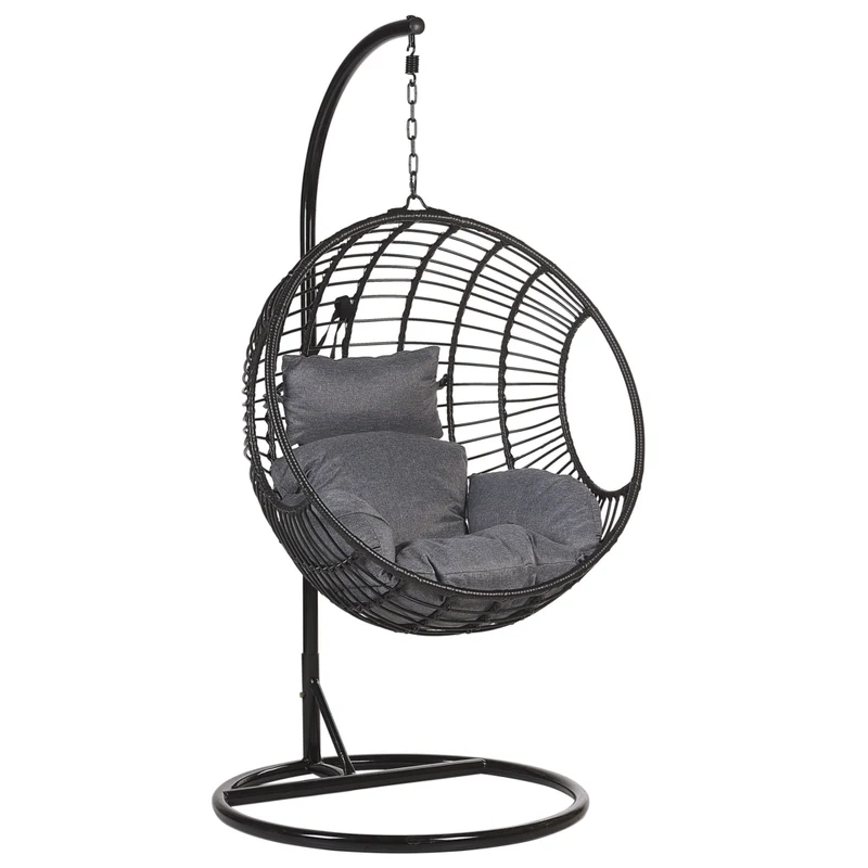 Sedia sospesa poltrona pensile Cestino di vimini rotondo in rattan Nero con cuscini Struttura in metallo Boho