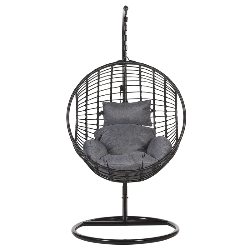 Sedia sospesa poltrona pensile Cestino di vimini rotondo in rattan Nero con cuscini Struttura in metallo Boho