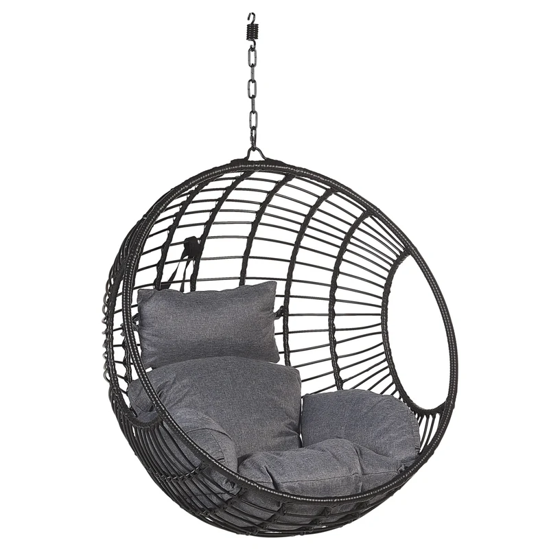 Sedia sospesa poltrona pensile Cestino di vimini rotondo in rattan Nero con cuscini Struttura in metallo Boho