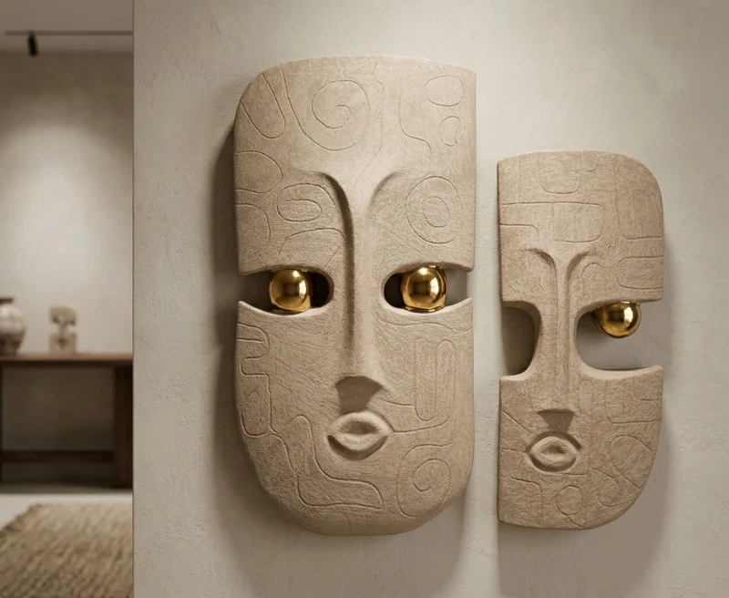 Decorazione Murale Dakar Coppia 20x6x40 cm in Ceramica Marrone e Oro