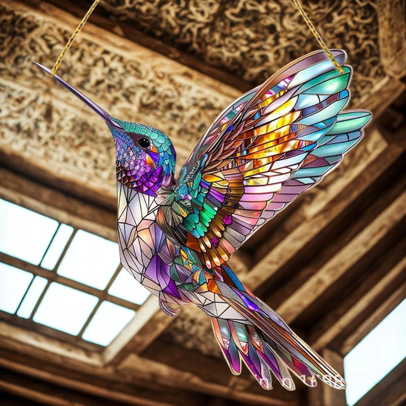 Stained Glass Suncatcher with Bluebird Design and Iridescent Prism Finish for Windows