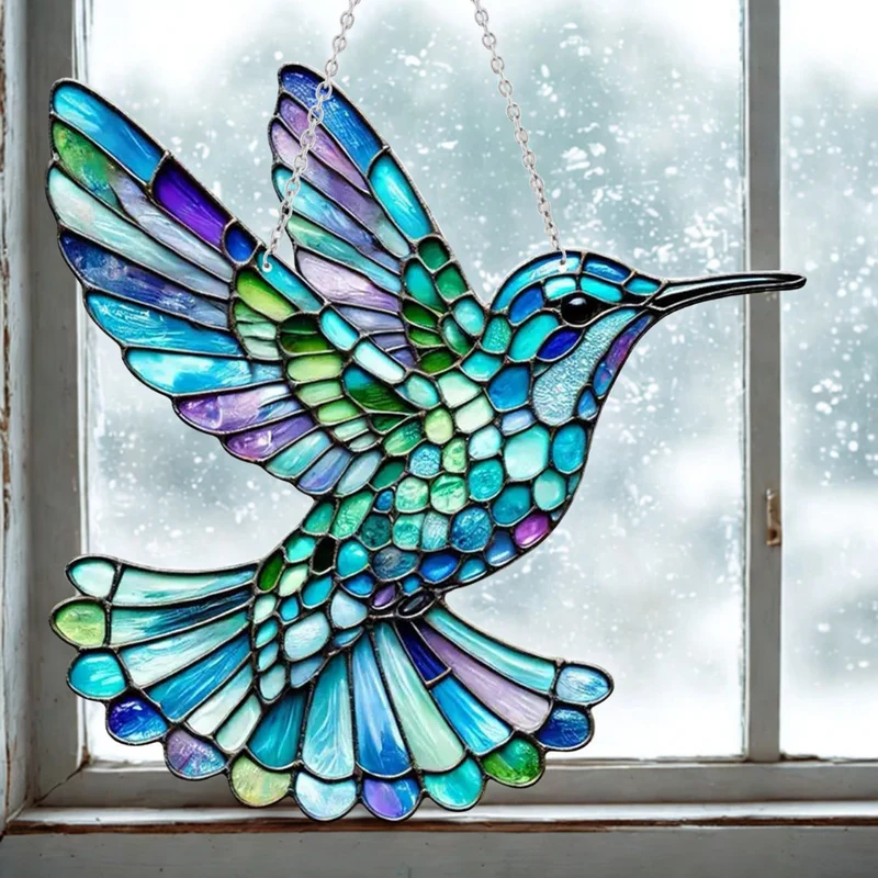 Stained Glass Suncatcher with Bluebird Design and Iridescent Prism Finish for Windows