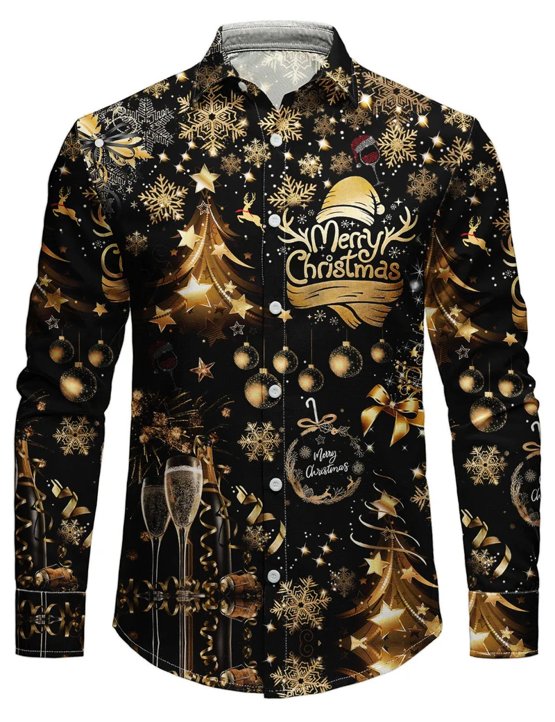 Men's Christmas Shirt Long Sleeve Button Down with Festive Gold Print