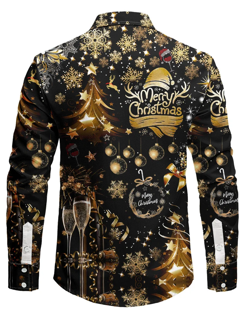 Men's Christmas Shirt Long Sleeve Button Down with Festive Gold Print