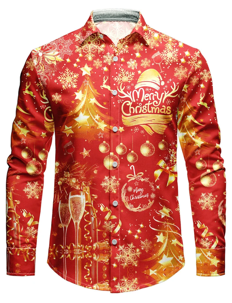 Men's Christmas Shirt Long Sleeve Button Down with Festive Gold Print