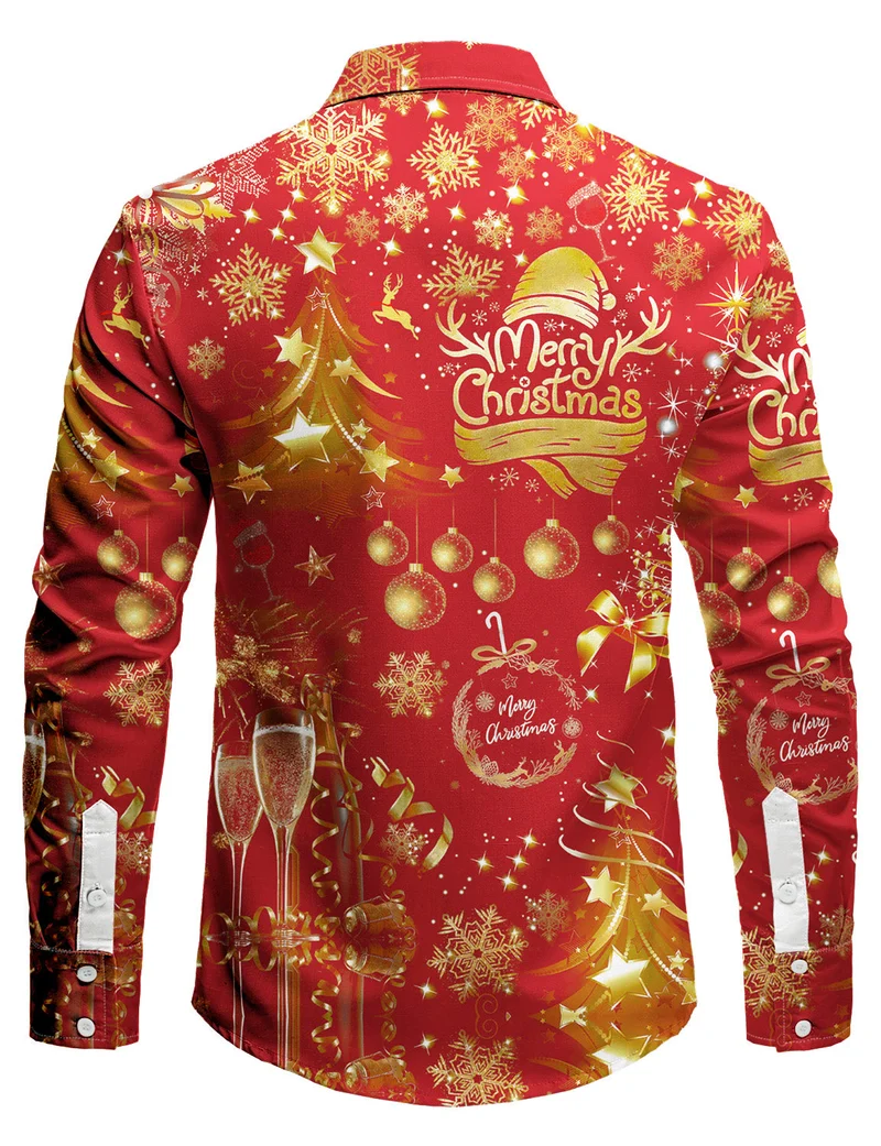Men's Christmas Shirt Long Sleeve Button Down with Festive Gold Print
