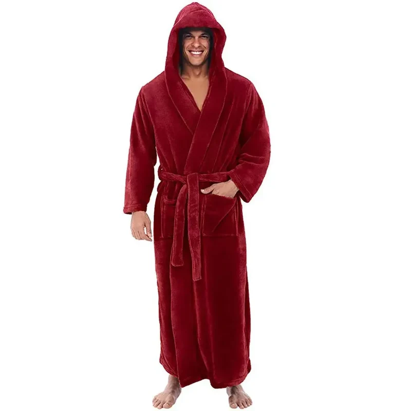 Men's long bathrobe with hood and pocket