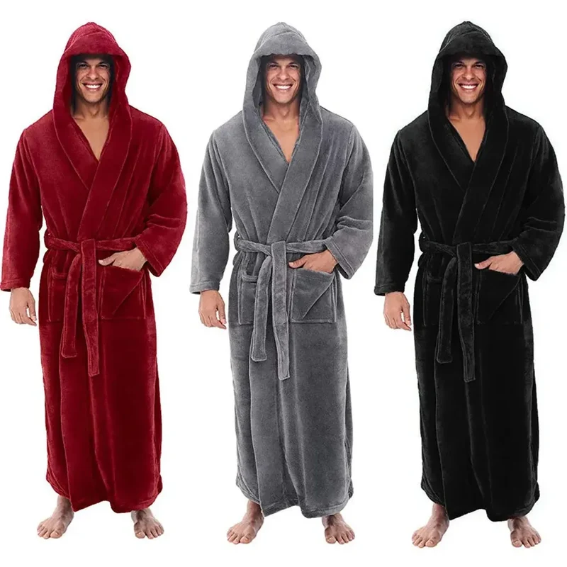 Men's long bathrobe with hood and pocket