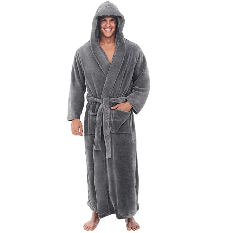 Men's long bathrobe with hood and pocket