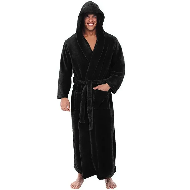Men's long bathrobe with hood and pocket