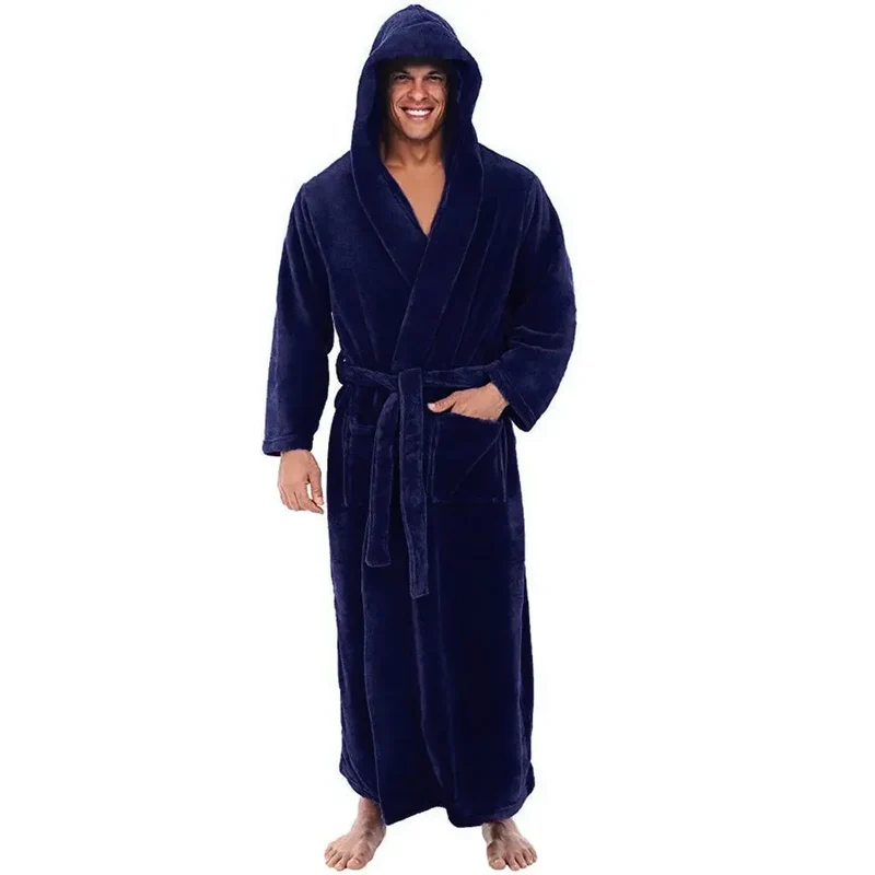 Men's long bathrobe with hood and pocket
