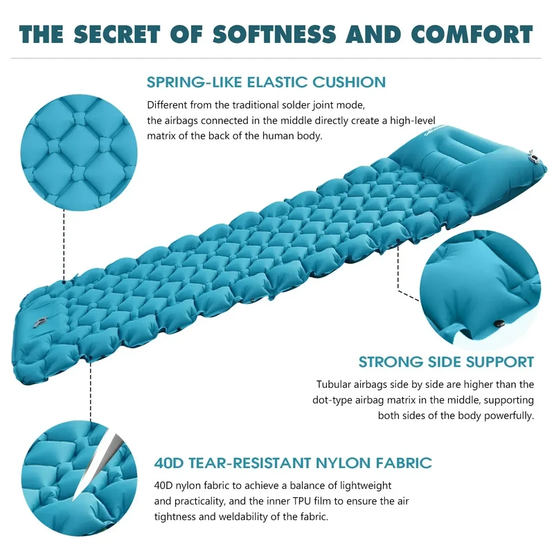 Inflatable sleeping mat with pillow, foldable air mattress