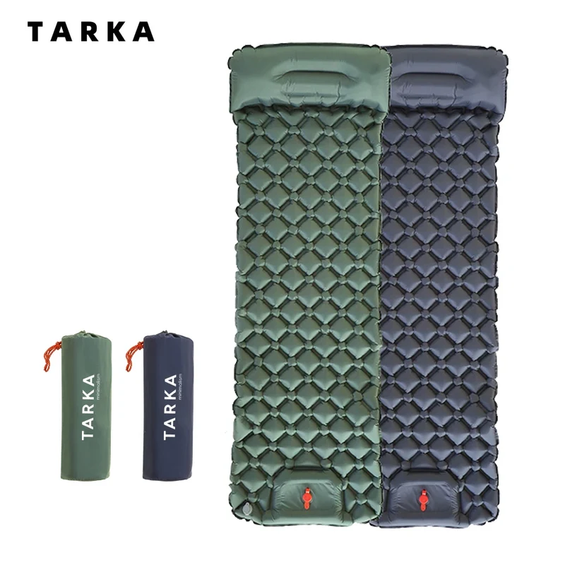 Inflatable camping sleeping mat with built-in pillow