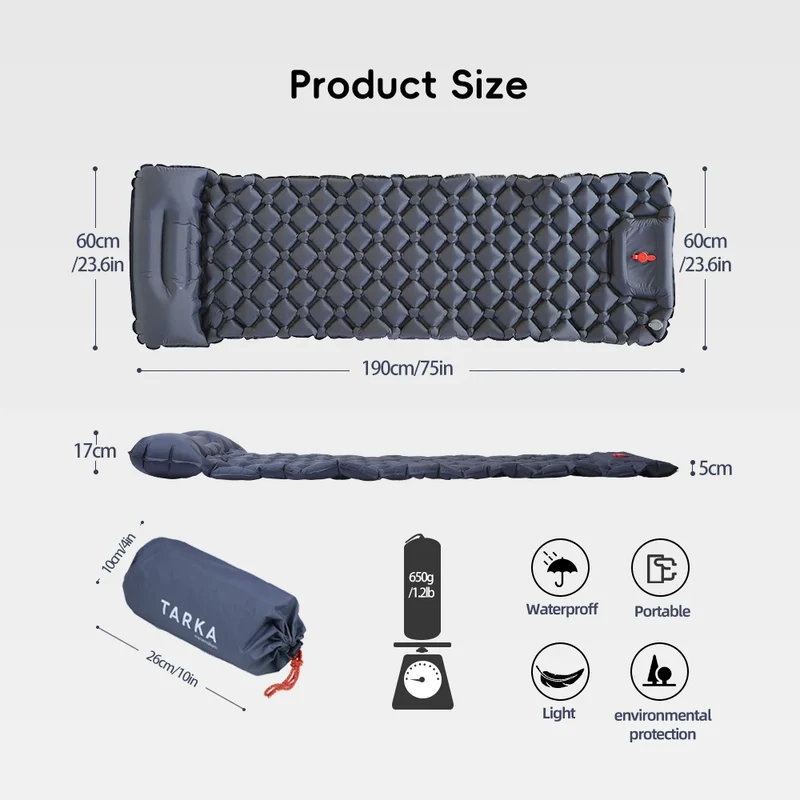 Inflatable camping sleeping mat with built-in pillow
