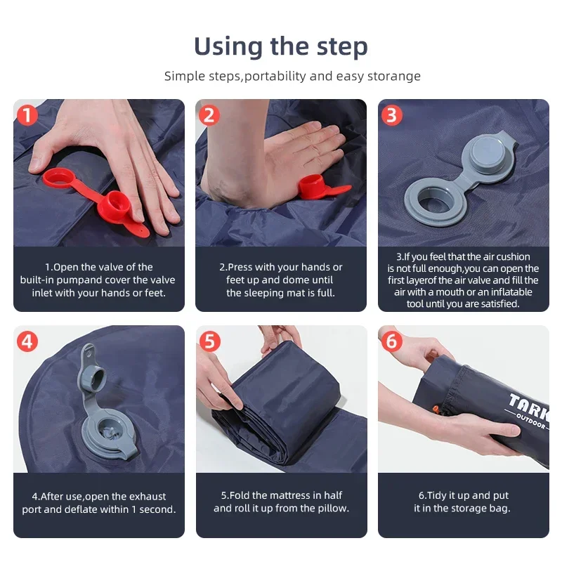 Inflatable camping sleeping mat with built-in pillow