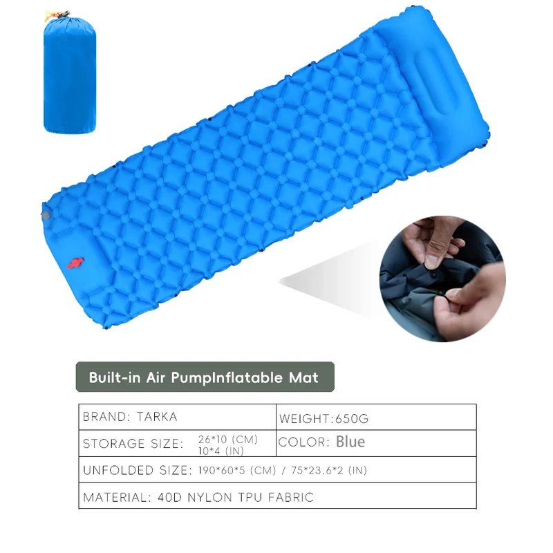 Inflatable camping sleeping mat with built-in pillow