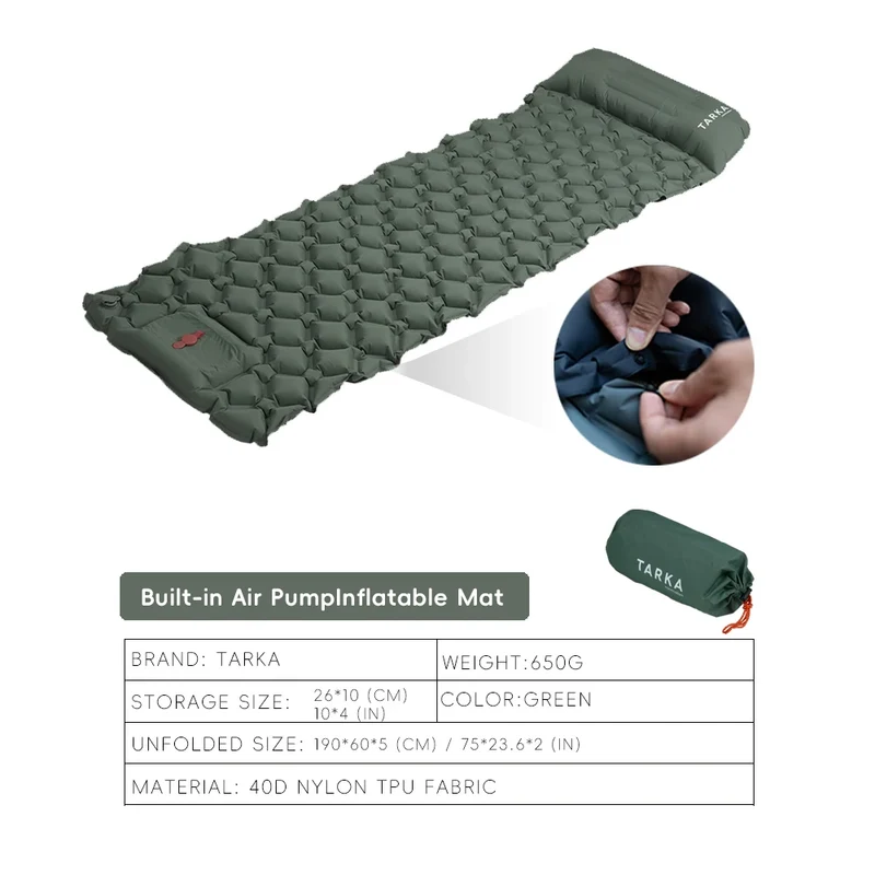 Inflatable camping sleeping mat with built-in pillow