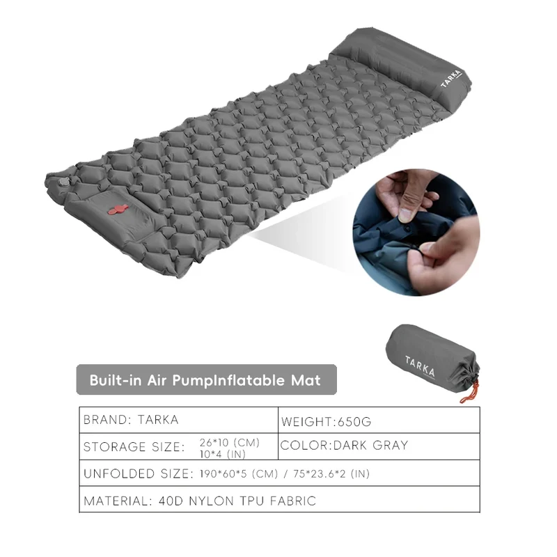 Inflatable camping sleeping mat with built-in pillow