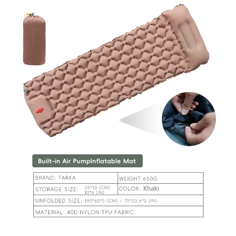 Inflatable camping sleeping mat with built-in pillow