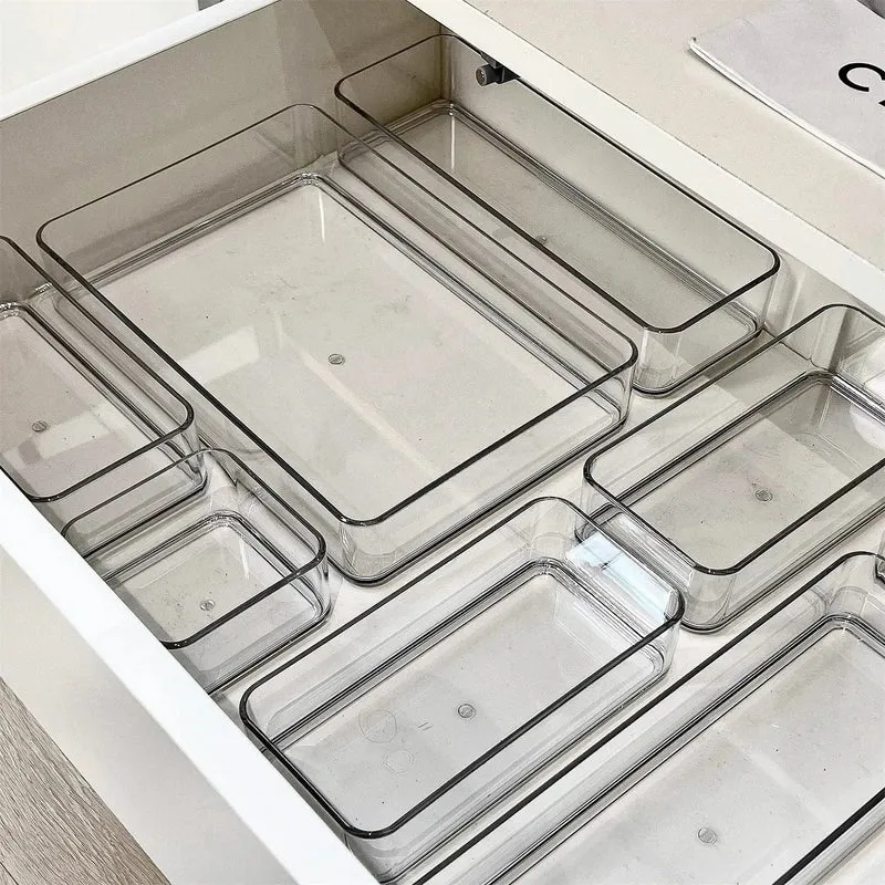 Clear Plastic Stackable Drawer Organizers with Multiple Sizes and Open-Top Design