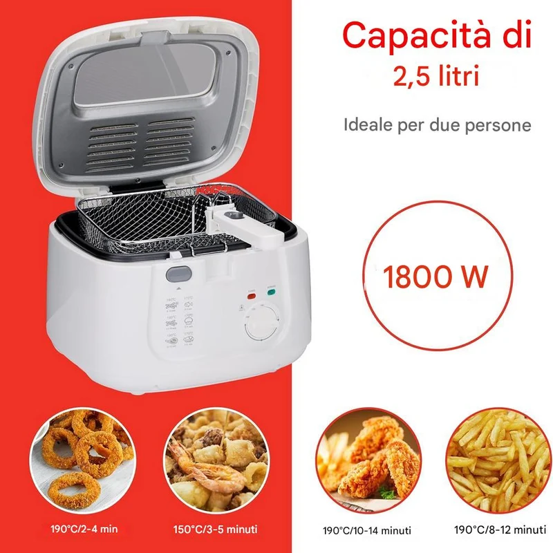 Friggitrice 2.5 Litri con Termostato Regolabile 1800W con Maniglia Pieghevole
