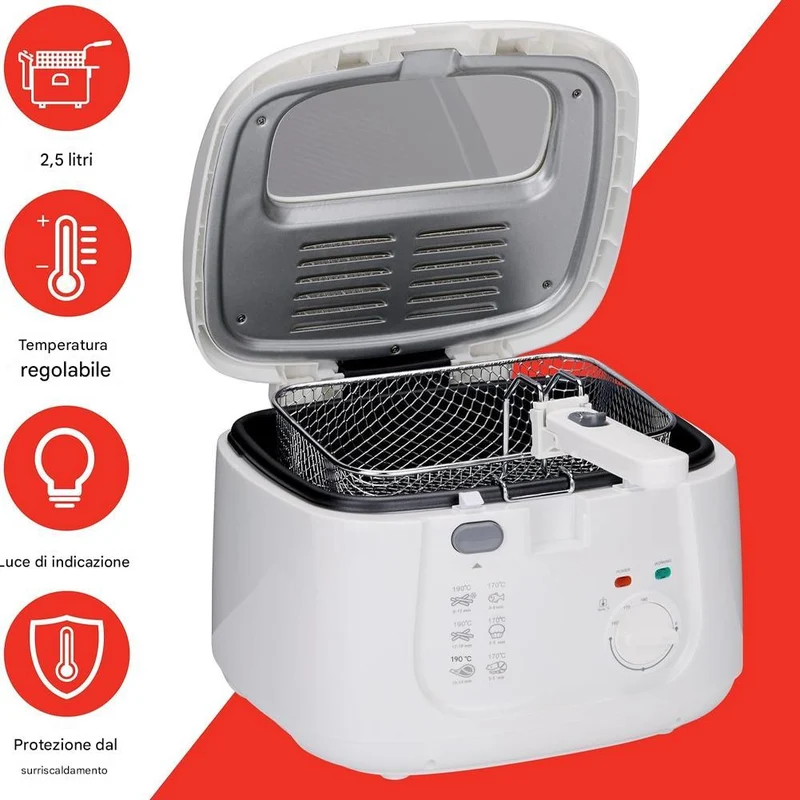 Friggitrice 2.5 Litri con Termostato Regolabile 1800W con Maniglia Pieghevole