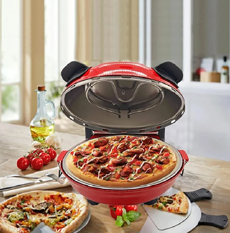 Forno per Pizza Pietra Refrattaria 1200W Timer Termostato 2Palette Legno Rosso