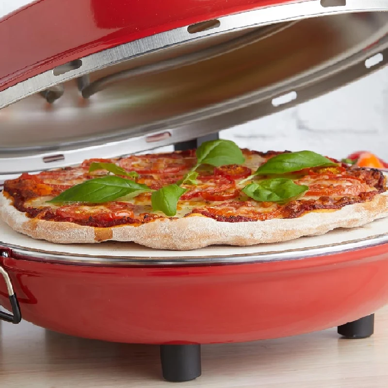Forno per Pizza Pietra Refrattaria 1200W Timer Termostato 2Palette Legno Rosso